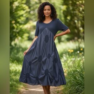 Blue Lagenlook Short Sleeve Midi Dress Size S